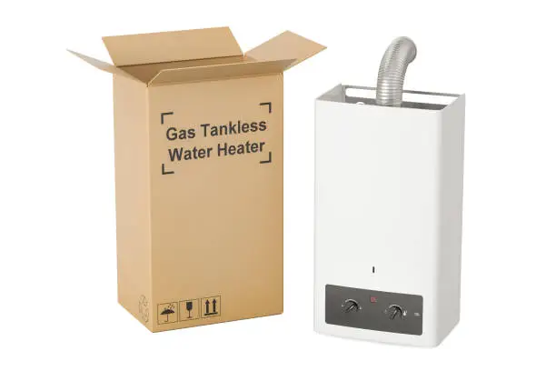 Photo of Gas tankless water heater with cardboard box, delivery concept. 3D rendering