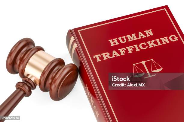 Foto de Conceito De Tráfico Humano Com O Martelo E O Livro 3d Renderização e mais fotos de stock de Tráfico humano