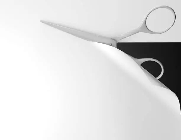 Photo of Scissors cutting paper 3d background with copy space.