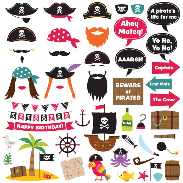 Pirate vector decoration and photo booth props Pirate vector party decoration and photo booth props treasure chest photos stock illustrations