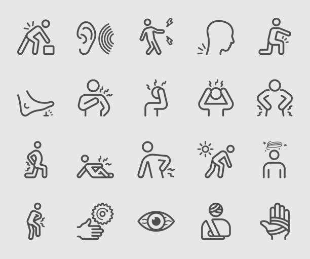 ilustraciones, imágenes clip art, dibujos animados e iconos de stock de icono de línea de lesiones y dolor de cuerpo - physical injury