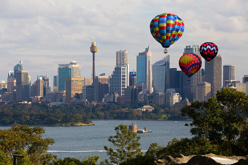 Hot air balloon over Sydney bay, Sydney, Australia