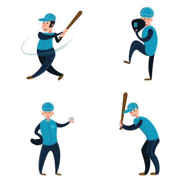 ilustrações de stock, clip art, desenhos animados e ícones de baseball team: two batters, pitcher and catcher. flat vector illustration. cartoon style - baseball pitcher small sports league