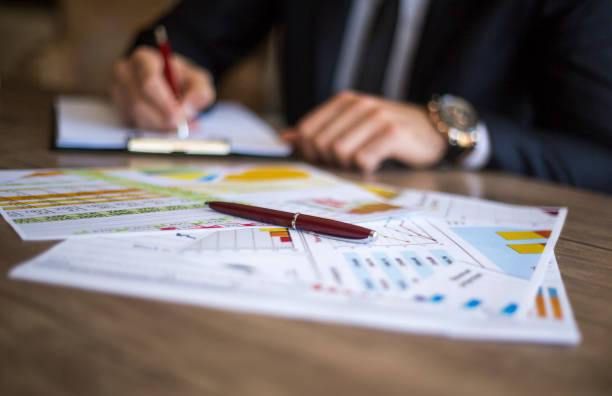 istock Young businessman showing graphs by pen 695453974