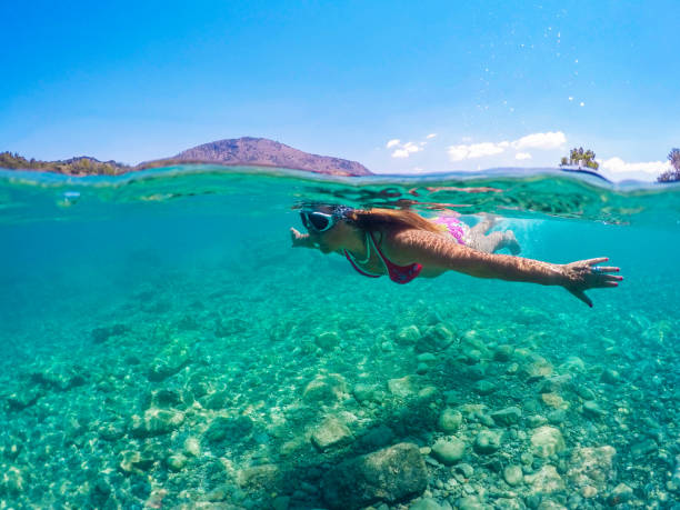 istock Woman dive underwater over coral reef in sea. 695456476