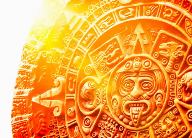 A reproduction of the ancient Mexican calendar from the Mayan culture known as the Stone of the Sun.