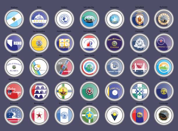 Cities of the USA flags. Set of icons. Cities of the USA flags. Vector. evansville indiana stock illustrations