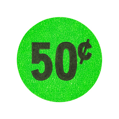 A fifty cent green generic garage sale sticker isolated on a white background.