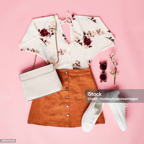 Flat Lay Shot Of Female Holiday Clothing And Accessories Stock Photo - Download Image Now