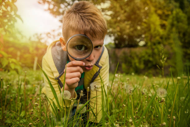 虫眼鏡で屋外の探索子 - children only adventure exploration education ストックフォトと画像
