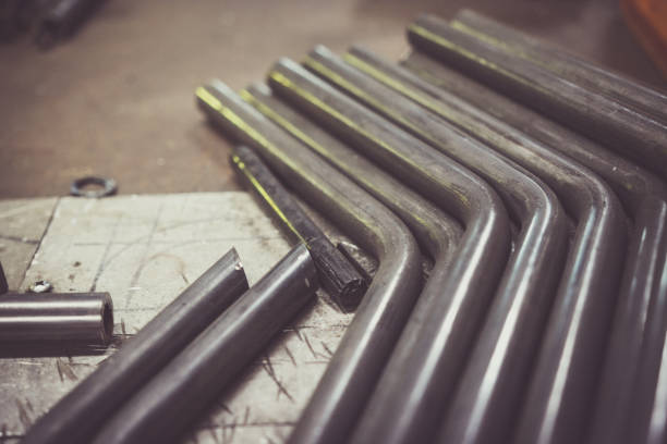Steel pipe on a work bench. stock photo
