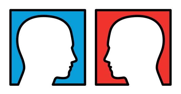 istock Opposition - two persons looking at each other, with blue and red background, symbolic for competition, rivalry, antagonist, opposer or disputer. Isolated vector illustration on white background. 695484184