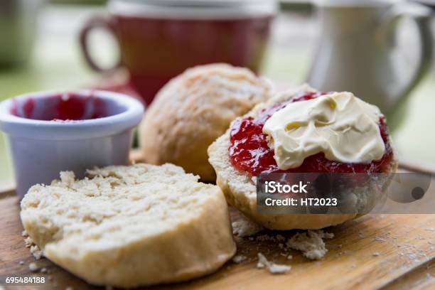 English Cream Tea With Scones Jam And Cream Stock Photo - Download Image Now - Scone, Afternoon Tea, Cream Tea