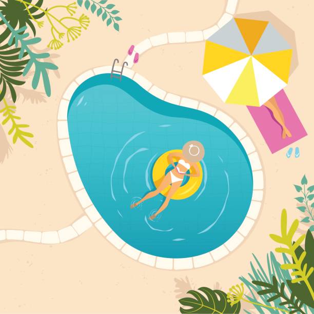 Two women relaxing at the swimming pool One young woman reading a book and swimming on the inflatable ring in the swimming pool. And another one woman sunbathing under the parasol. beach day stock illustrations