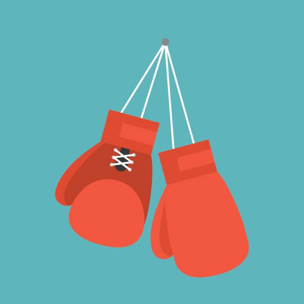 Red boxing gloves Red boxing gloves hanging on nail of wall, flat design icon boxing stock illustrations