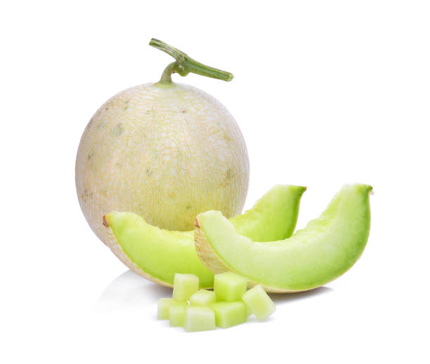istock green cantaloupe melon with slice and cubes isolated on white background 695506272