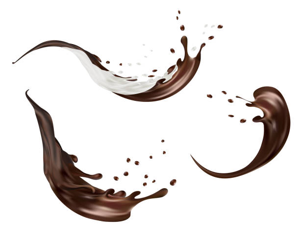 Milk and chocolate splashes vector isolated over white background. pouring liquid or milkshake falling with drops and blots. 3d illustration. Milk and chocolate splashes vector isolated over white background. pouring liquid or milkshake falling with drops and blots. 3d illustration milk chocolate stock illustrations
