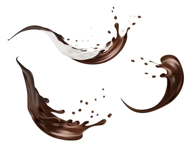 Vector illustration of Milk and chocolate splashes vector isolated over white background. pouring liquid or milkshake falling with drops and blots. 3d illustration.