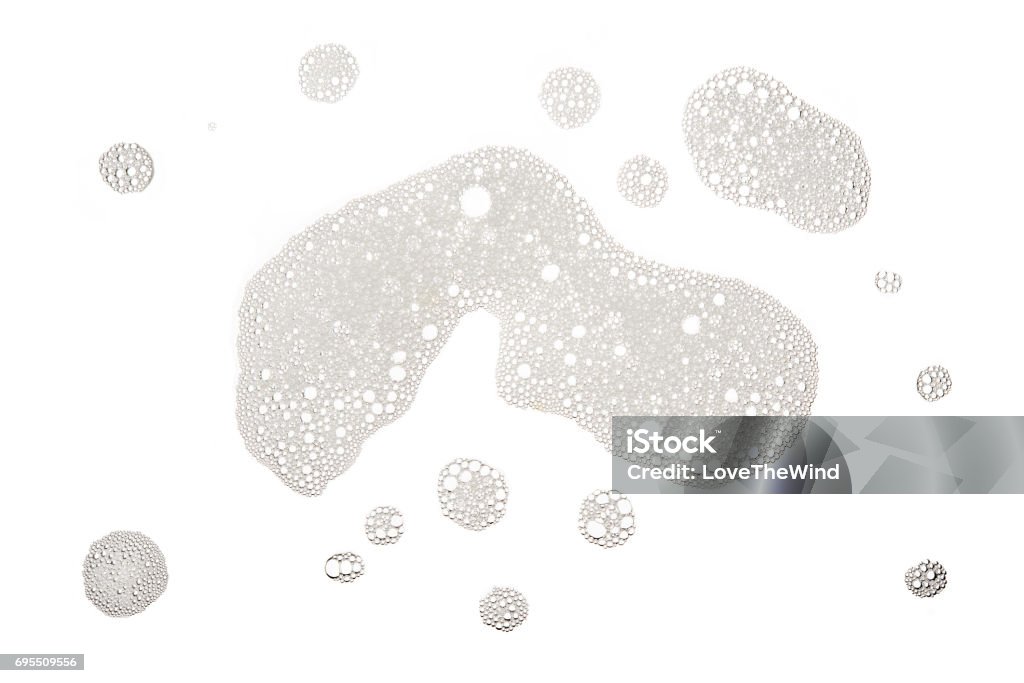 Group of foam bubble and stain from soap or shampoo washing isolated on white background on top view photo object design Soap Sud Stock Photo