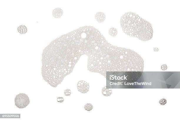 Group Of Foam Bubble And Stain From Soap Or Shampoo Washing Isolated On White Background On Top View Photo Object Design Stock Photo - Download Image Now