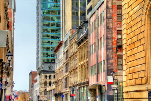 buildings on notre-dame street in old montreal, canada - royal bank of canada imagens e fotografias de stock