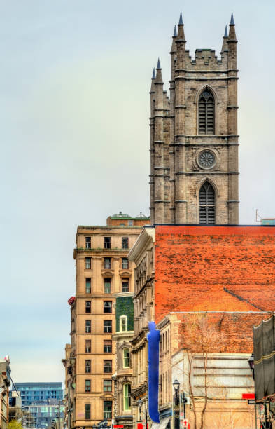 buildings on notre-dame street in old montreal, canada - royal bank of canada imagens e fotografias de stock