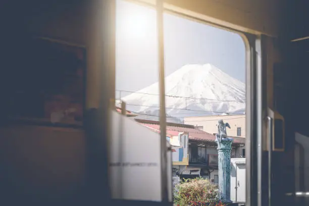 Japan traveling by train with mountain Fuji view. Feeling chilling and enjoy travel. vintage filter