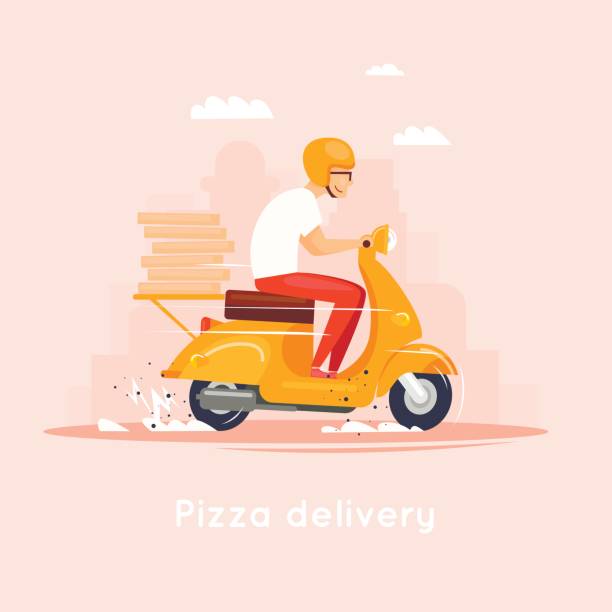 illustrations, cliparts, dessins animés et icônes de livraison, pizza transporte le gars sur le cyclomoteur. caractères. illustration vectorielle de conception plate. - moped