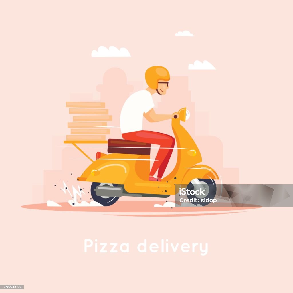 Delivery, the guy on the moped is carrying pizza. Characters. Flat design vector illustration. Delivering stock vector