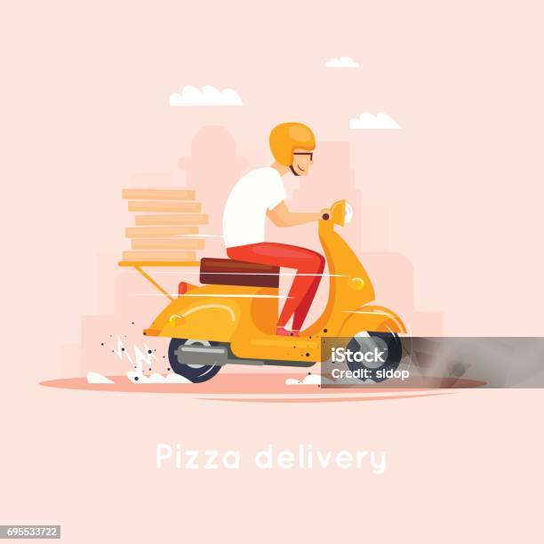 Delivery The Guy On The Moped Is Carrying Pizza Characters Flat Design Vector Illustration Stock Illustration - Download Image Now