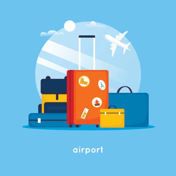 ilustraciones, imágenes clip art, dibujos animados e iconos de stock de viaje maletas en el aeropuerto. ilustración de vector de diseño plano. - travel