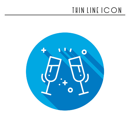Two glasses, toast icon. Binge, drink, champagne, wine.Party celebration, birthday, holidays, event, carnival festive Thin line party element icon Vector simple linear design Illustration Symbols