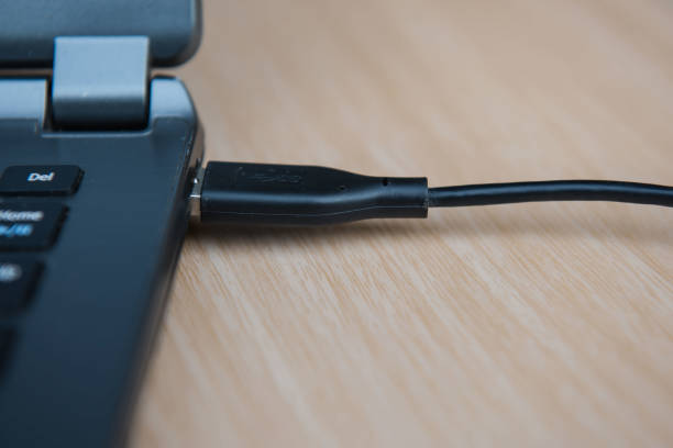 istock closeup  USB cable connection to laptop. Technology concept 695537836