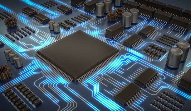 istock 3D rendered illustration of electronic circuit with microchips and glowing signals. 695541632