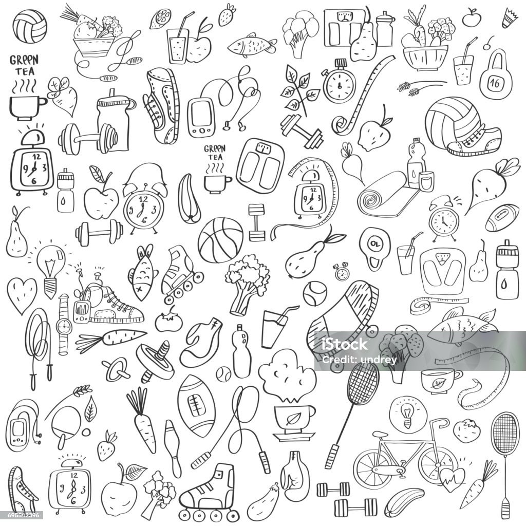 Hand drawn sport equipment and food doodles healthy lifestyle and proper nutrition Hand drawn sport equipment and food doodles healthy lifestyle and proper nutrition. Doodle stock vector