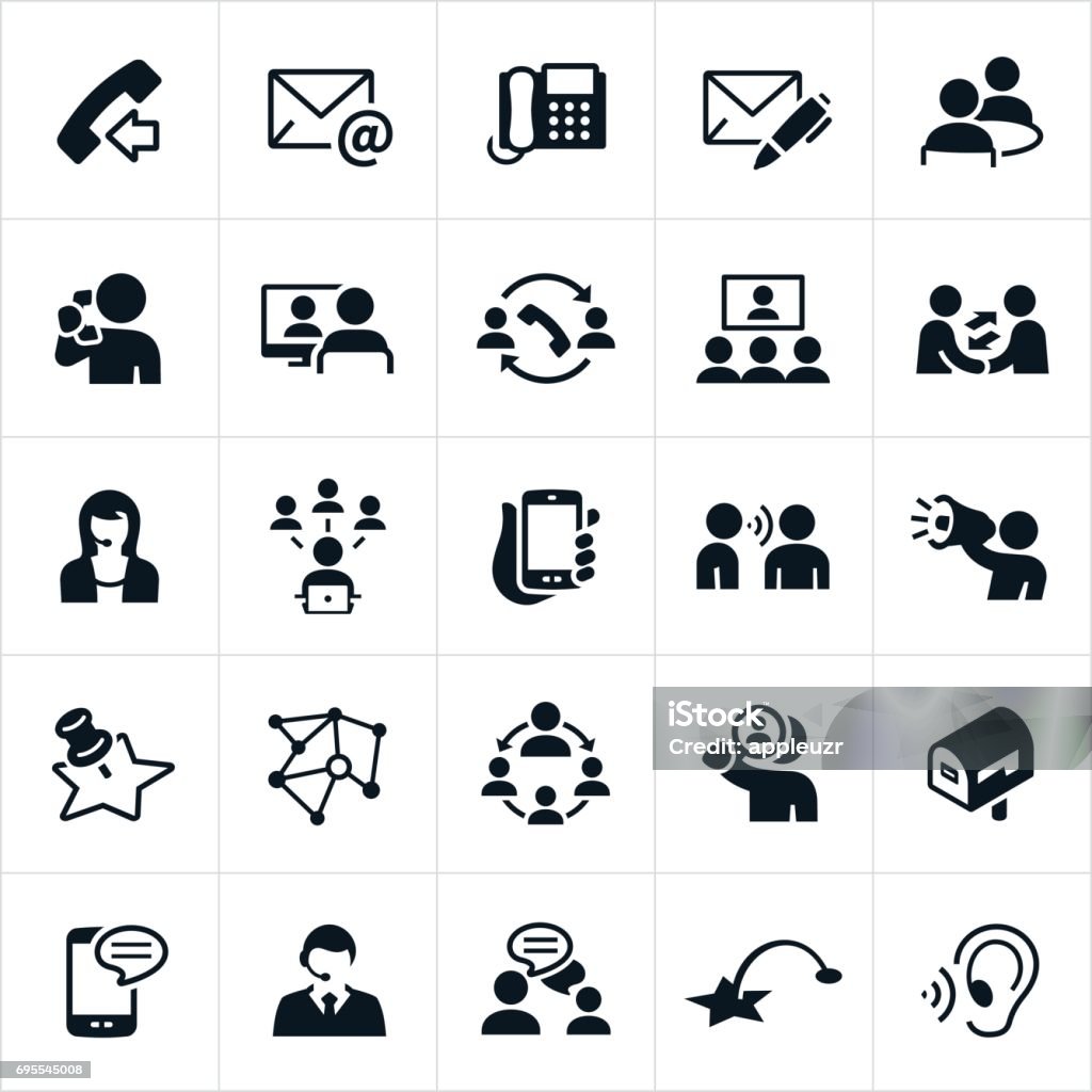 Contact Methods Icons An icon set of methods of contact. The icons include a telephone, smartphone, email, mail, letter, conversation, talking on phone, computer, online meeting, CSR, social media, talking face to face, megaphone, location, mailbox, chat and texting to name a few. Icon Symbol stock vector