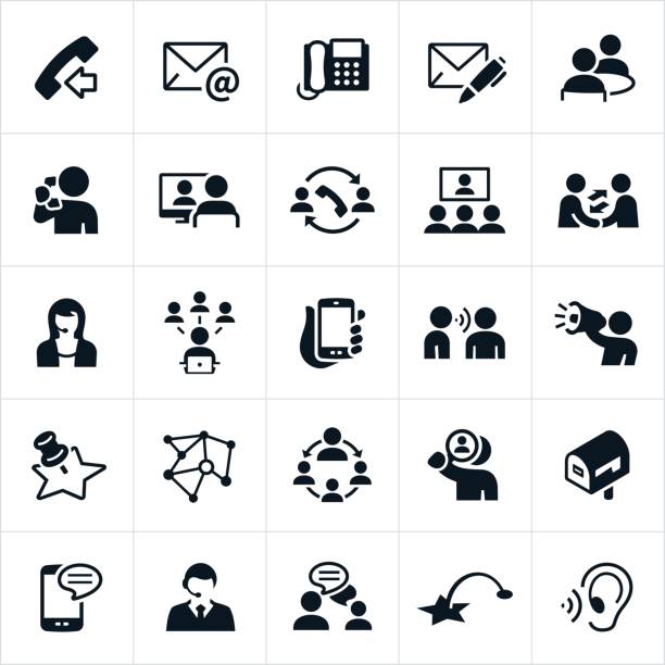 Contact Methods Icons An icon set of methods of contact. The icons include a telephone, smartphone, email, mail, letter, conversation, talking on phone, computer, online meeting, CSR, social media, talking face to face, megaphone, location, mailbox, chat and texting to name a few. face to face stock illustrations
