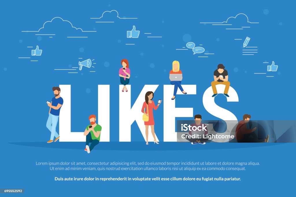 I like it concept illustration Flat vector concept illustration of young people using mobile gadgets such as laptop, tablet pc and smartphone for social networking, reading news and publishing images for likes. People stock vector