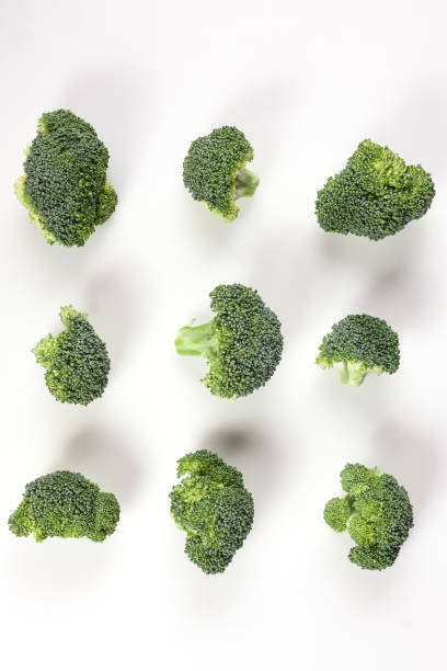 istock Set of ripe broccoli pieces isolated on white background 695558850