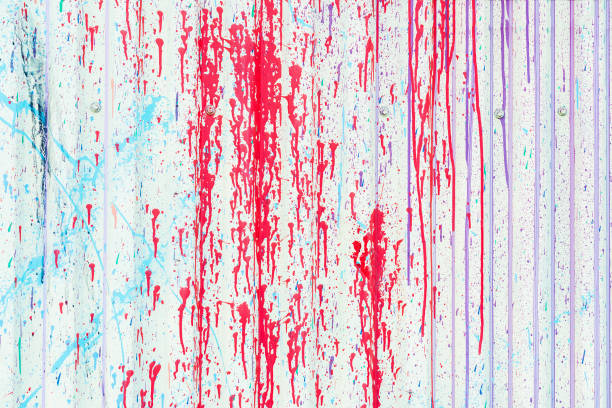 Close-up vintage weathered galvanized corrugated iron metal sheet surface, spattered with paint. Modern background, pattern, wallpaper, banner design Close-up vintage weathered galvanized corrugated iron metal sheet surface, spattered with paint. Modern background, pattern, wallpaper or banner design corrugated metal fence ideas stock pictures, royalty-free photos & images