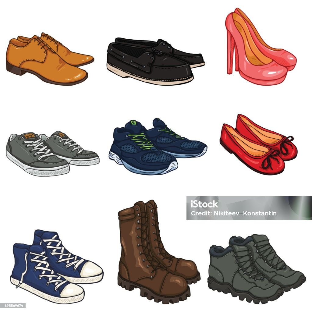 Ilustración de Conjunto De Vectores De Color De Dibujos Animados Zapatos  Artículos y más Vectores Libres de Derechos de Zapato náutico - iStock