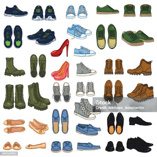 Vecteur Série De 37 Illustrations Éléments De Chaussure De Couleur Dessin Animé Vecteurs libres de droits et plus d'images vectorielles de Chaussures