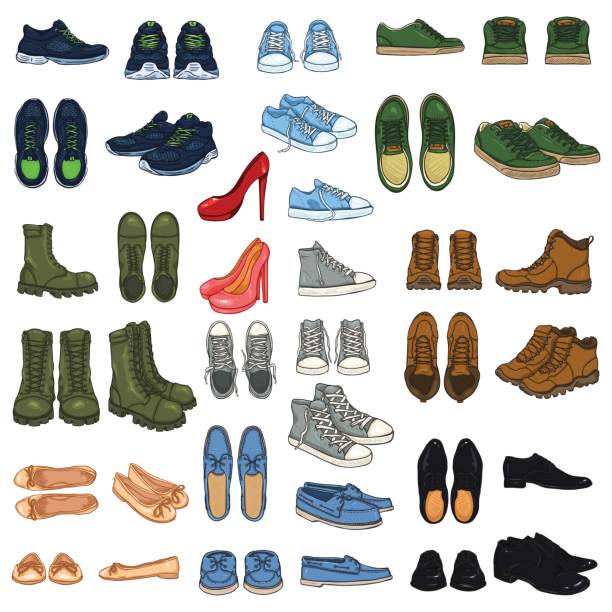 illustrazioni stock, clip art, cartoni animati e icone di tendenza di vector set di 37 illustrazioni - cartoon color shoe items. - black heels