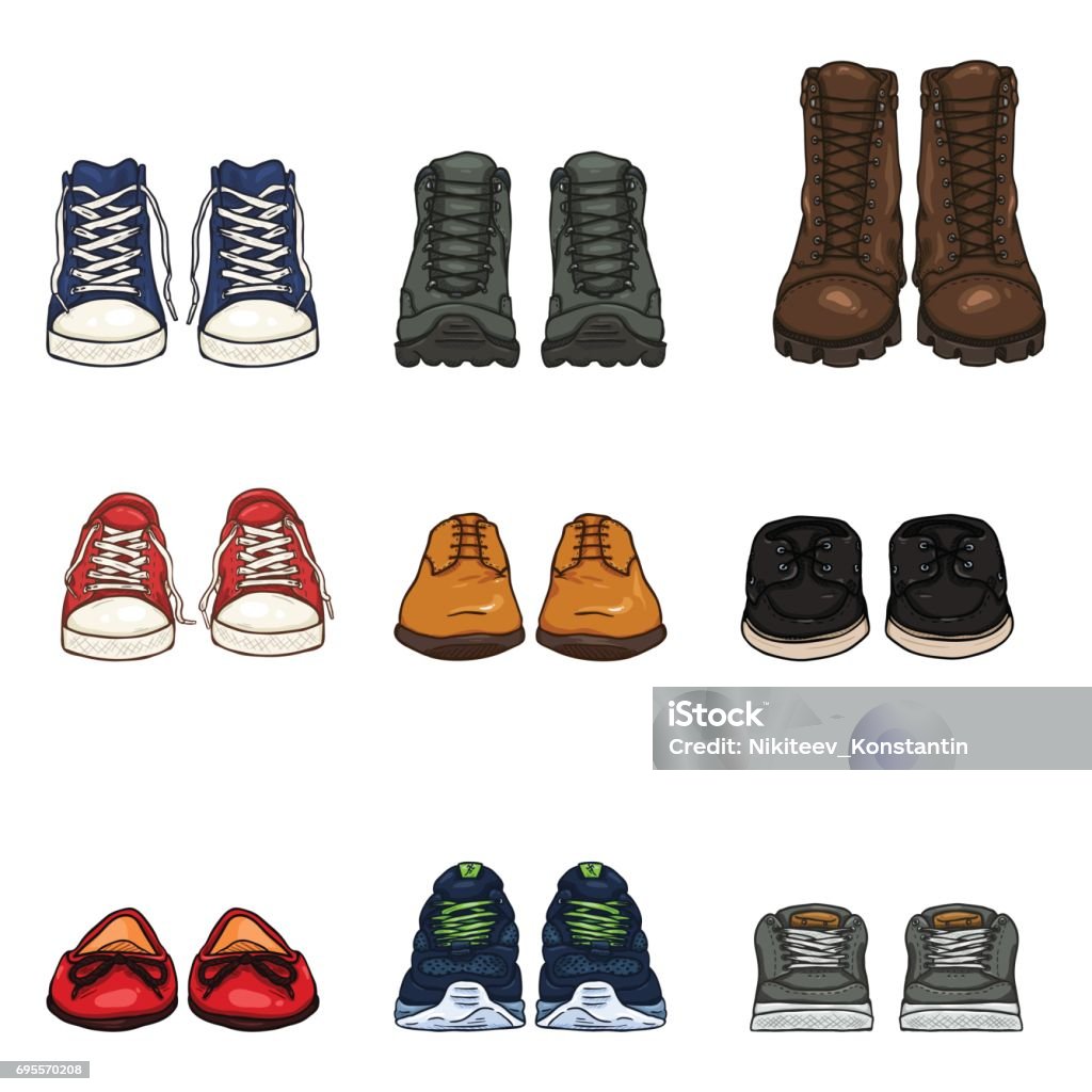 Vector Set of Cartoon Color Shoes Items Vector Set of Cartoon Color Shoes Items. Front View Collection Shoe stock vector