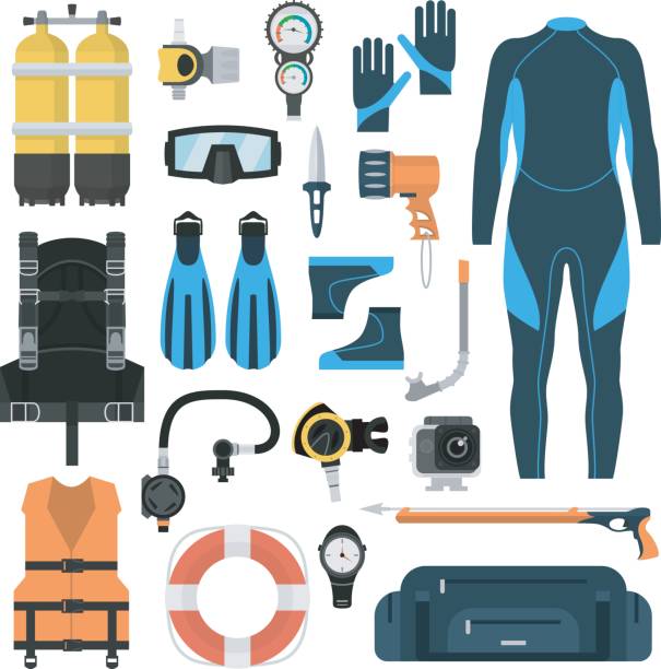 ausrüstung zum tauchen in einem flachen stil - oxygen tank underwater diving diving wetsuit stock-grafiken, -clipart, -cartoons und -symbole