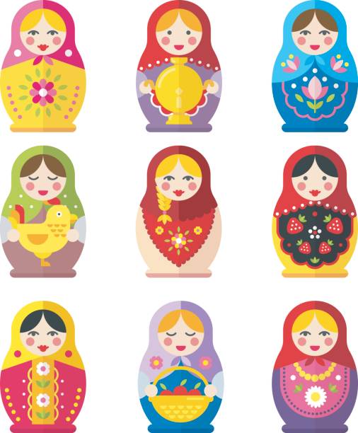 ilustraciones, imágenes clip art, dibujos animados e iconos de stock de muñecas matryoshka o babushka vector conjunto en un estilo plano - mamushka