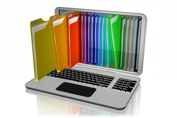 Computers with colored folders for storing documents. Database.