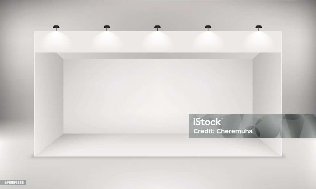 Exhibition white empty vector booth. Exhibition white empty vector booth. Trade exhibition standard stand with spotlights. Kiosk stock vector