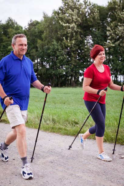 istock Senior couple practicing Nordic Walking 695596560