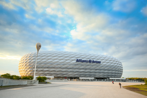 MUNICH, GERMANY - MAY 9, 2017 : A view of the Allianz Arena football stadium in Munich, Germany. The Allianz Arena is home football stadium for FC Bayern Munich.